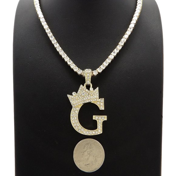 Initial Letter "G" Pendant Tennis Chain Necklace - Picture 1 of 10